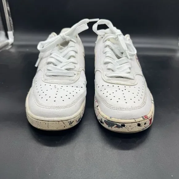 Nike Court Vision Mens Size 7 Low Triple White Custom Painted Splatter GUC - Picture 3 of 8